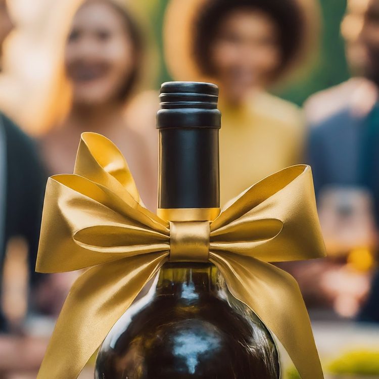 A beautifully wrapped bottle of wine, with a golden bow, set against a backdrop of a festive celebration, symbolizing the depth of esteem and the joy of gifting. image credit - merasturda enkeste