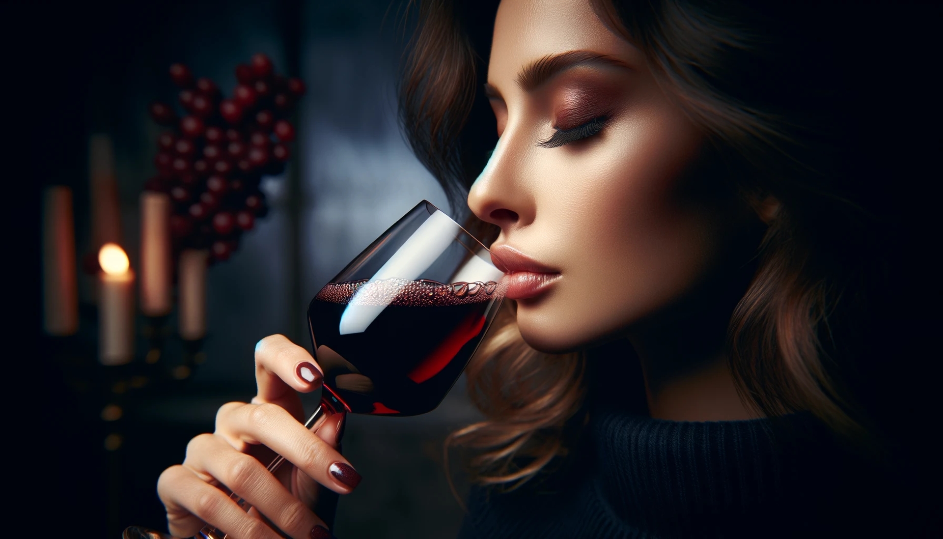 the images depicting a glass of red wine with intense burgundy hues being savored, capturing the moment with a close-up of a person's face as they experience the mouth-puckering after taste. - Image credit: Encyclopedia Wines