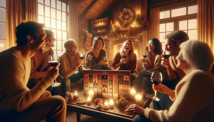 Wine Advent Calendar: a cozy evening scene with friends and family gathered around, sharing stories and tasting wine from the advent calendar, showcasing the communal joy and discovery that comes with each day's new wine reveal.