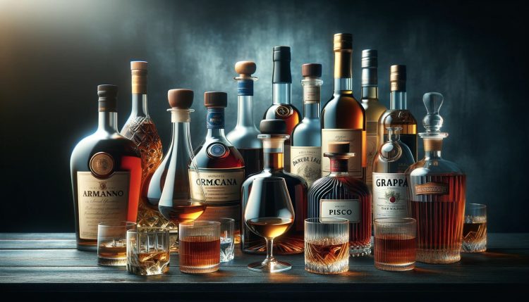 Showcase a diverse selection of distilled wine spirits from around the world including Armagnac Cognac Grappa and Pisco