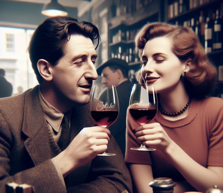 Winston Smith and Julia from George Orwell's 1984 are drinking wine in a cafe. They talk about how the wine is "better than the stuff they serve in the proles' pubs."
