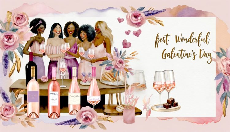 Joyful gathering of diverse women toasting with elegant wine glasses around a festively decorated table, featuring bottles of Pasqua Winery Rosé, Liquid Light Rosé, and Fess Parker Fesstivity Blanc de Blancs, amidst a backdrop of soft pastel hues and delicate floral accents, embodying the warmth and celebration of Galentine's Day 2024.