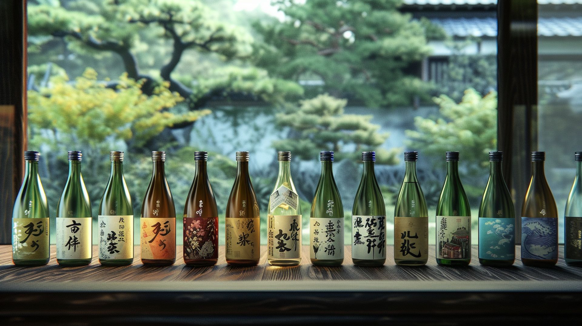 photograph of an array of Japanese rice wine bottles aligned on a traditional wooden table, with soft lighting highlighting the intricate labels and the gentle hue of the sake within. The background subtly features a serene Japanese garden to evoke a sense of tranquility and cultural heritage by Merasturda Enkeste