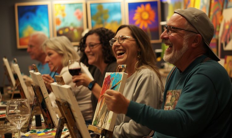 A group of people engaging in painting, laughing, and enjoying wine in a cozy workshop setting, portraying the joyful and communal spirit of 'Paint and Wine' gatherings. Image credit: Encyclopedia Wines