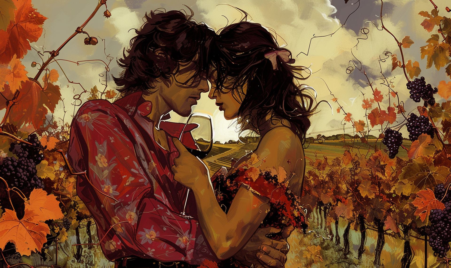 A vivid portrayal of a 1960s couple sharing a tender moment in a vineyard, with a backdrop of a music festival. The image embodies the themes of 'Love Is Wine,'. Image credit: Umut Taydaş