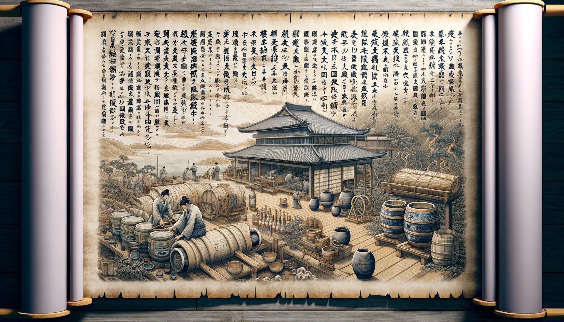 A serene and detailed image capturing the essence of Japanese rice wine, highlighting its unique brewing process and cultural significance. Image credit: Merasturda Enkeste
