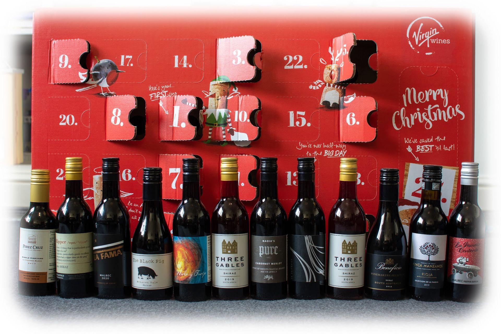 The alcoholic advent calendars offered by Virgin Wines consist of liquor, beer, and wine. You may select miniature bottles of red, white, or a combination of the two wines from the three available. While I have reduced my alcohol consumption in recent years, I do enjoy the occasional glass of red wine, which makes the red wine advent calendar an ideal fit for me. 