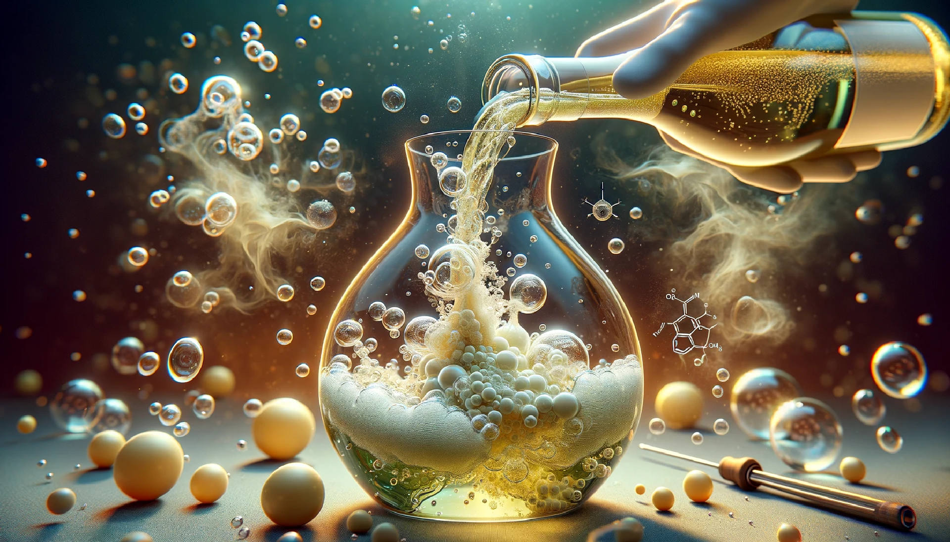  a close-up of white wine being poured into a decanter, with oxygen bubbles interacting with the wine to unlock its aromas and flavors. 