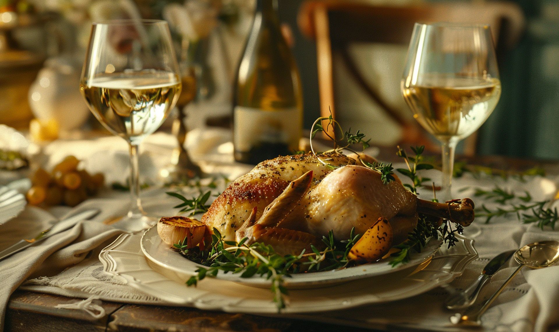Sauvignon Blanc Food Pairings: igh-resolution 8K photograph showcasing a table set for a sophisticated dining experience, featuring a glass of Sauvignon Blanc paired with roasted chicken elegantly garnished with thyme, rosemary, and parsley. 