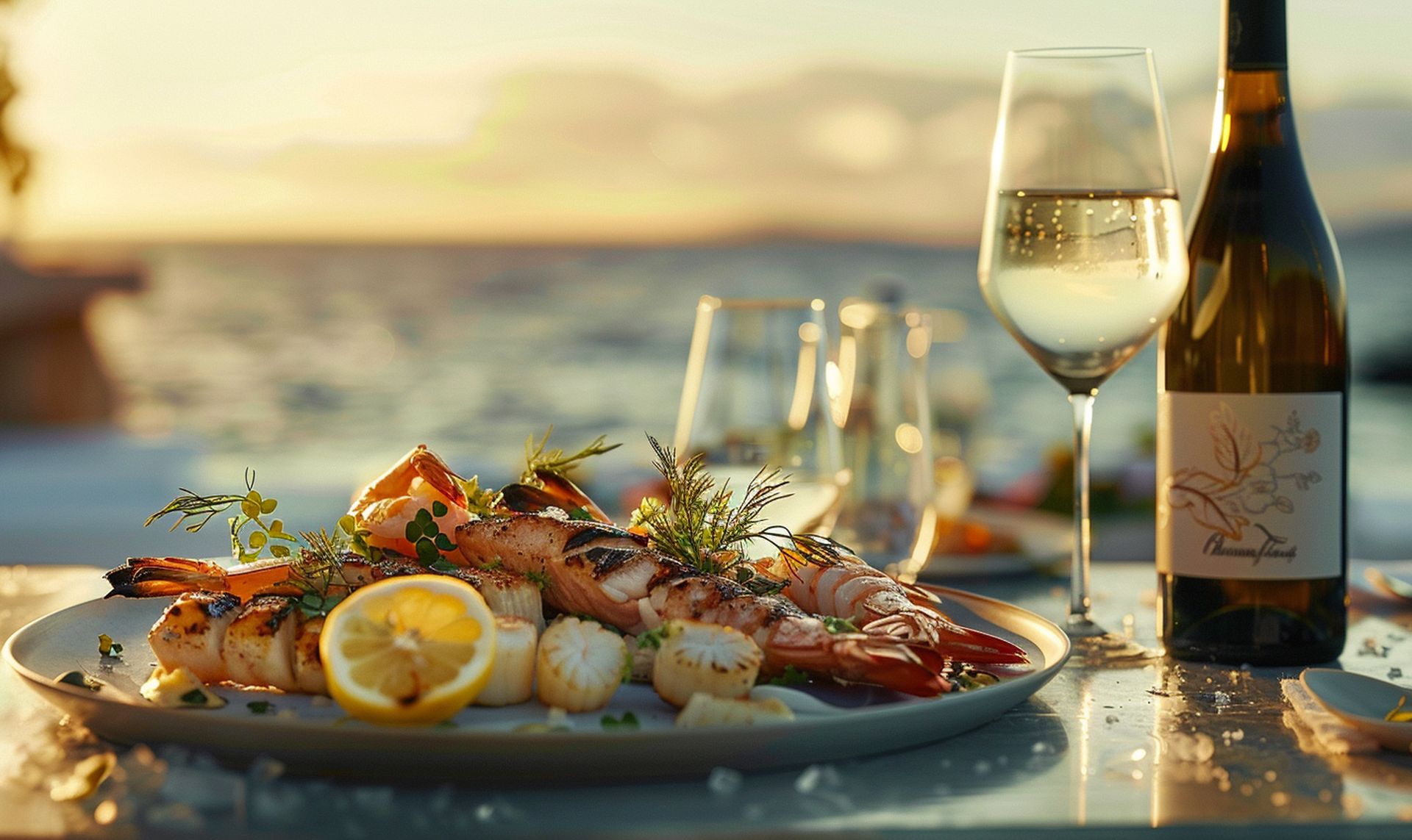 Sauvignon Blanc Food Pairings: a luxurious seaside dining setup at sunset, capturing a sophisticated table setting that features a chilled bottle of high-quality Sauvignon Blanc with a glistening glass beside it.