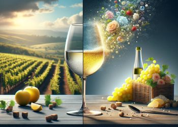 Do you aerate white wine: A split-scene image: on one side, a glass of white wine before aeration, looking plain and unremarkable; on the other side, after aeration, the same wine transformed, vibrant with a noticeable sparkle and a bouquet of aromas rising from the glass.