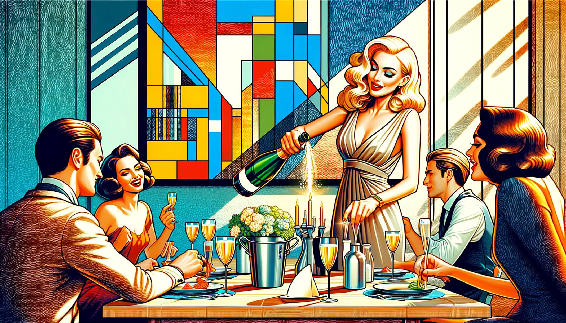DALL·E 2024 03 03 14.52.20 Create an ultra realistic image that depicts a charming woman opening a bottle of sparkling wine for her friends at a mid day meal s