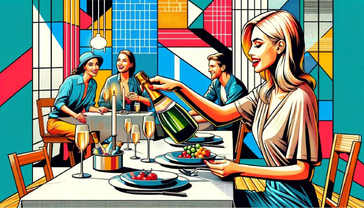 DALL·E 2024 03 03 14.52.23 Create an ultra realistic image that depicts a charming woman opening a bottle of sparkling wine for her friends at a mid day meal s